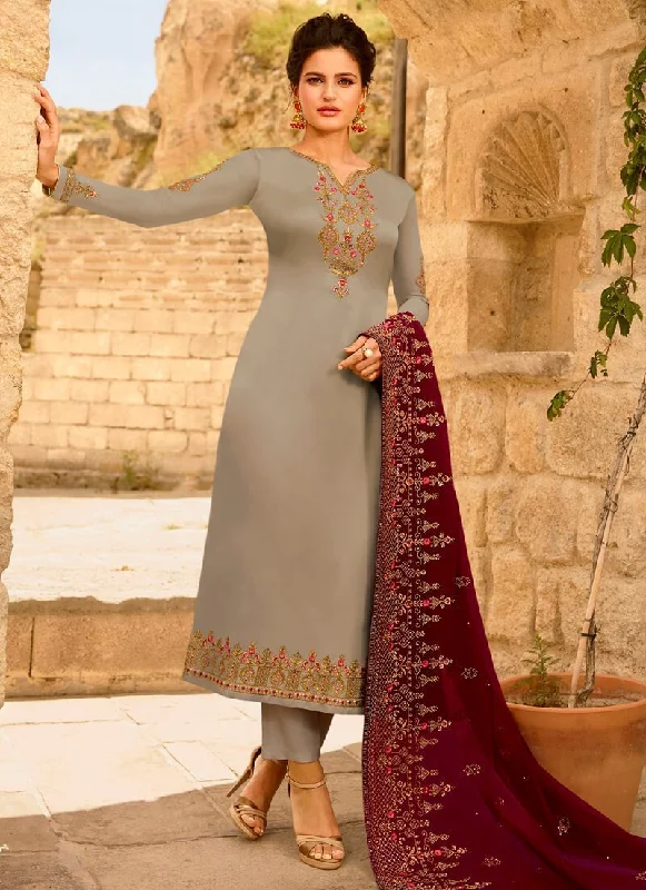 Grey Satin Georgette Straight Pant Formal Wide-Leg Pants