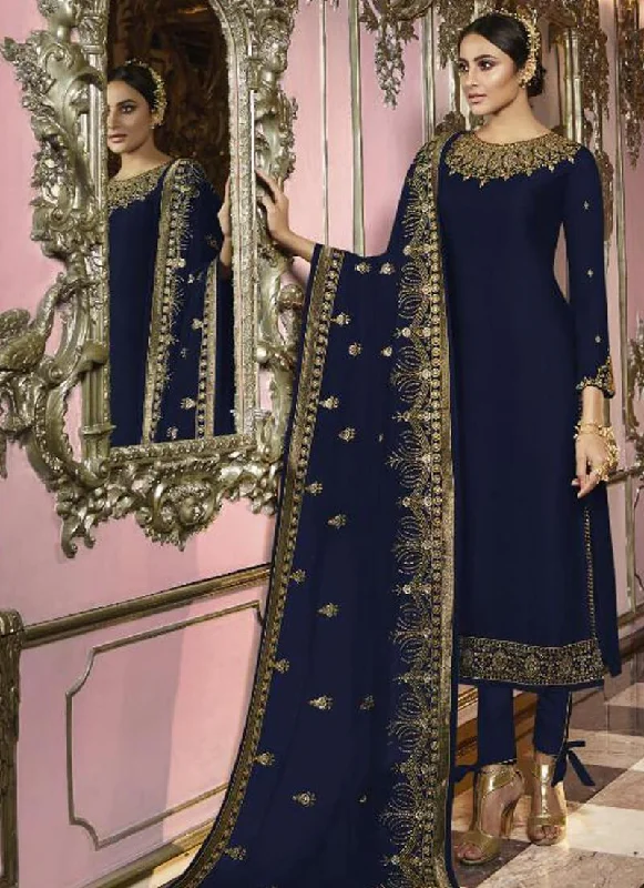Blue Faux Georgette Straight Pant Casual Sweatpants Style