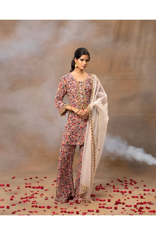 Ivory Printed Kurta Pants Dupatta Set Chic Faux Leather Pants