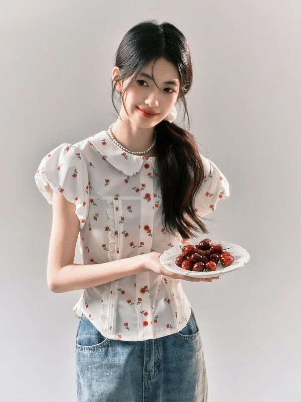 Retro Sweet Cherry Print Puff Sleeve Blouse YOO0057 Vintage Lace Blouse