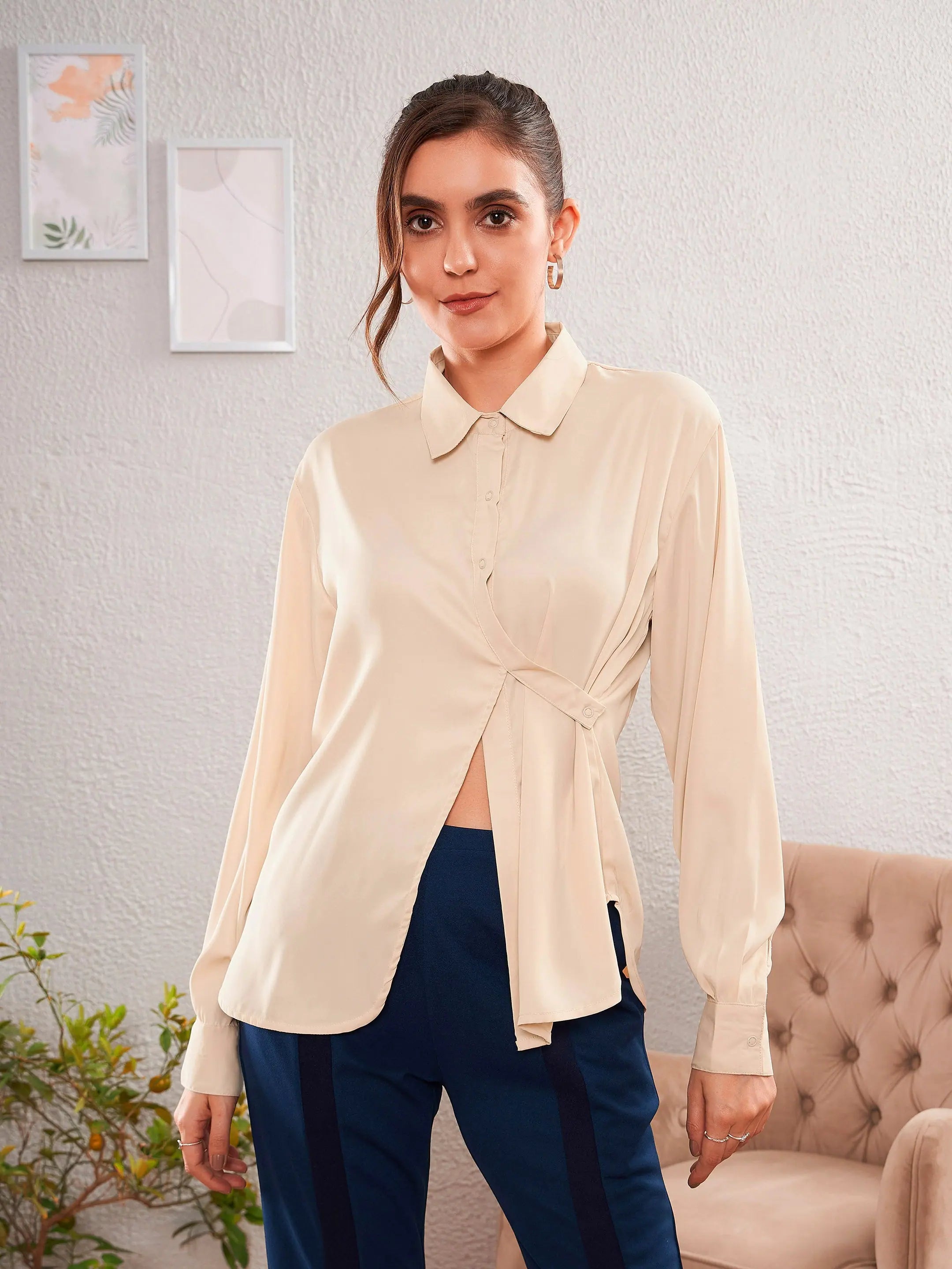 Women Beige Satin Satin Turn-Down Collar Blouse Romantic Lace Blouse