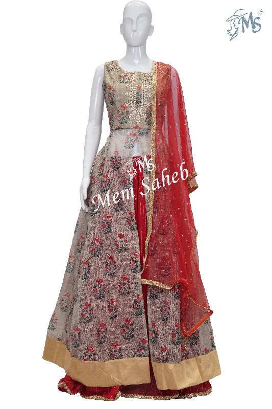 Ghagra Choli Cream Long Blouse Front open with Red Skirt and Net Dupatta Embellished Collar Blouse