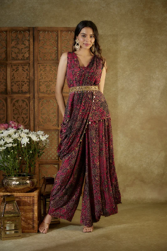 Pink Printed Top, Pleated Dhoti Pants, Pre Pleated Drape And Belt Set Casual Track Pants