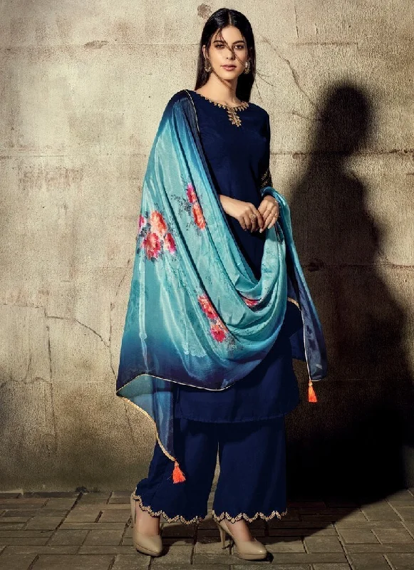Navy Blue Pant style Straight Georgette Trendy Wide-Legged Trousers