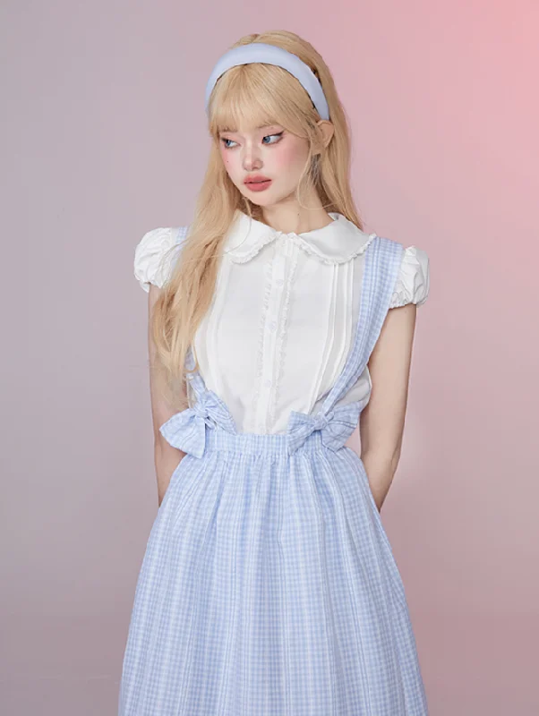 Short Balloon Sleeve Lace Blouse & Back Cross Bow Suspender Stripe Skirt GIF0024 Ruffled Neck Blouse