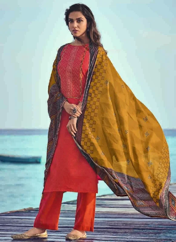 Red Pure Jam Cotton Print Pant Suit Relaxed Fit Trousers