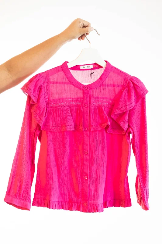 Hot Pink Ruffle Lace Long Sleeve Blouse Women's - DM Classic White Blouse