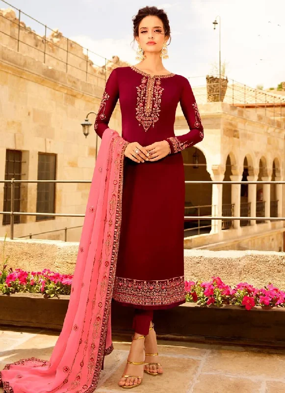 Maroon Satin Georgette Straight Pant Casual Lounge Pants