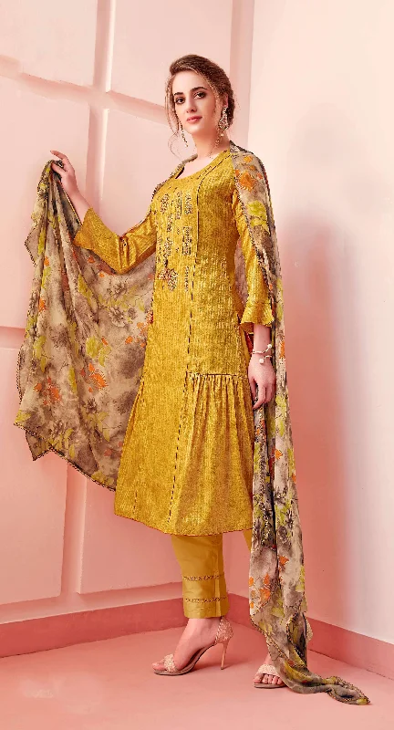 Yellow Pure Cotton Pant Suit Formal Wide-Leg Pants