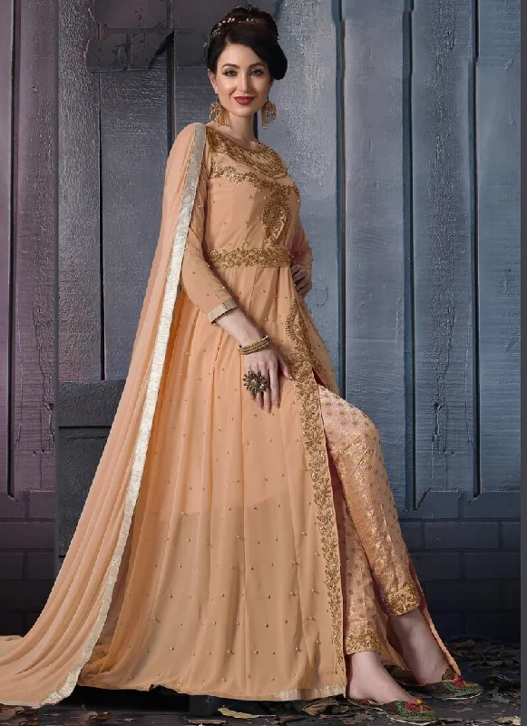 Light Orange Pant style Salwar Suit Faux Georgette With Coding Classic Bootcut Trousers