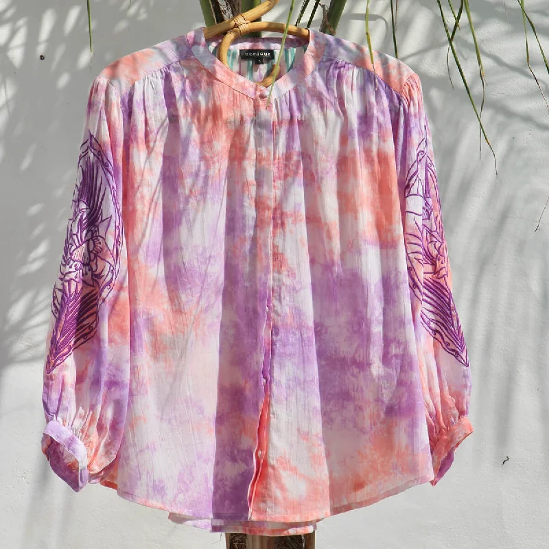 Women's Blouse in Tie Dye With Embroidery by Bonjour - Last One In Stock - Small (UK 10) Satin Bow Blouse