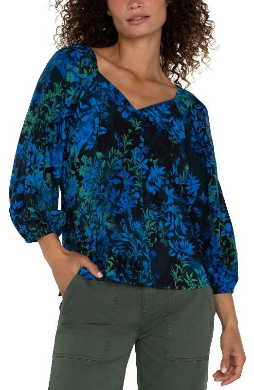 3/4 SLEEVE SWEETHEART NECK WOVEN BLOUSE Silky Draped Blouse