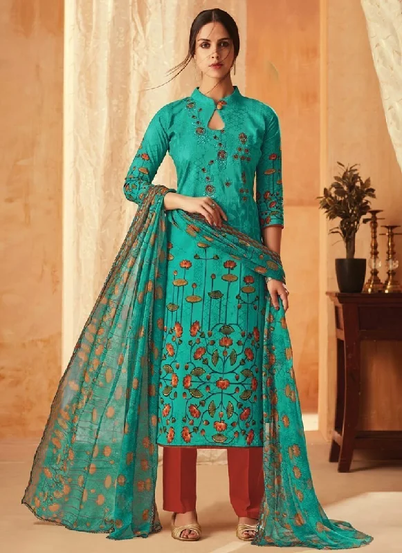 Sea Green Pure Cambric Cotton Pant Dress Formal Slim Pants