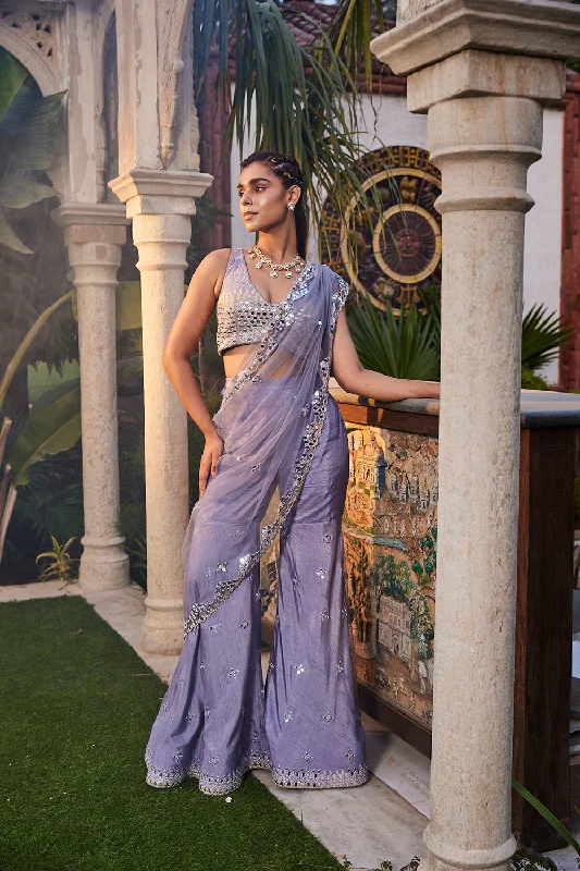 Lilac Mirror Embroidered Sharara Pant Sari Set Stylish Paperbag Waist Pants