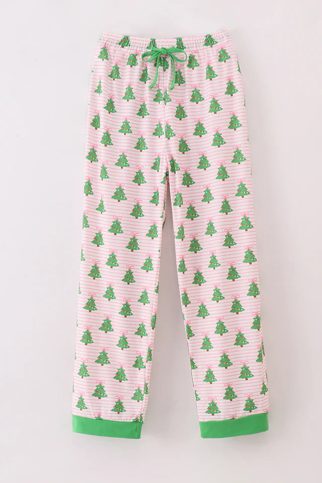 Women's Green Christmas Tree Print PJ Pants Fashionable Button-Up Pants