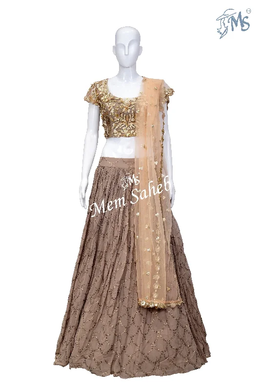 Crop Skirt Mud Brown Net Blouse Georgette Skirt Contrast Peach Dupatta Sheer Mesh Blouse