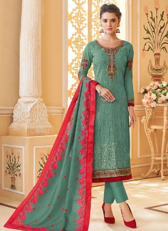 Sea Green Heavy Foux Georgette Pant Dress Classic Straight Pants