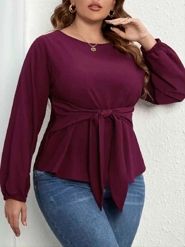 Plus Size Tie Front Long Sleeve Blouse Double Button Blouse