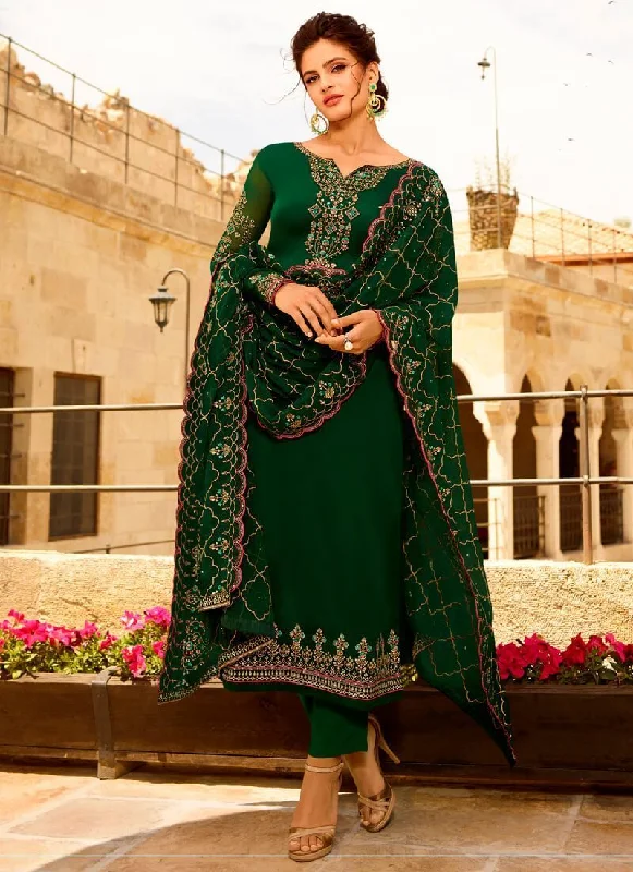 Dark Green Satin Georgette Straight Pant Casual Plaid Pants