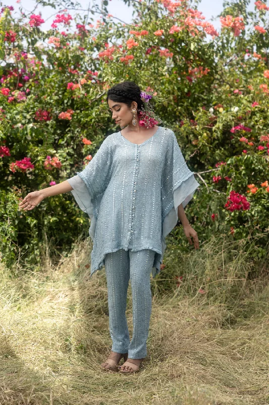 Mirrror And Thread Embroidery Kaftan Top With Staright Pants Slim Fit Casual Pants