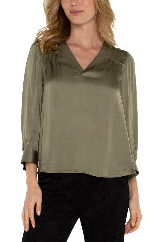 LONG SLEEVE PLEATED NECK WOVEN BLOUSE Delicate Pleat Blouse