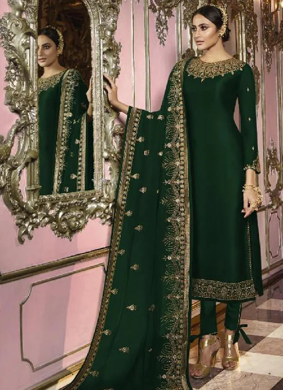 Green Faux Georgette Straight Pant Stretch Fit Pants