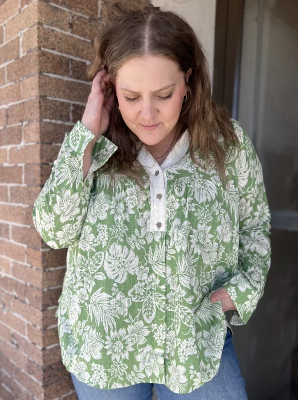 Printed Cotton V Neck Button Down Collared Long Slv Blouse Feminine Pastel Blouse