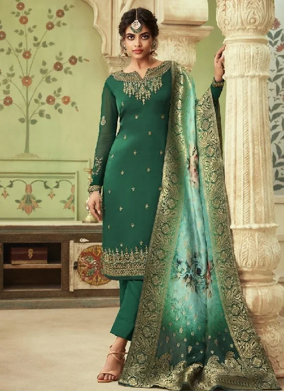 Sea Green Pant style Suit Satin Georgette Chic Faux Leather Pants