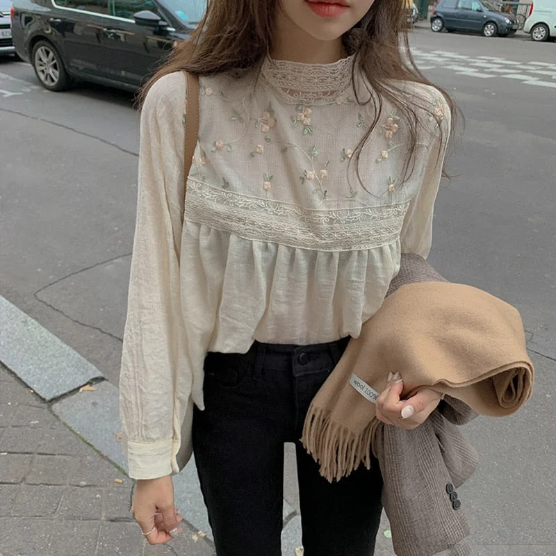 Women Lace Blouses | Stand Collar Women Lace Top | Summer Fancy Top | Women Blouse | Long Sleeve Blouses | Korea Japan Style Lace Top Shirt Frilled Cuff Blouse