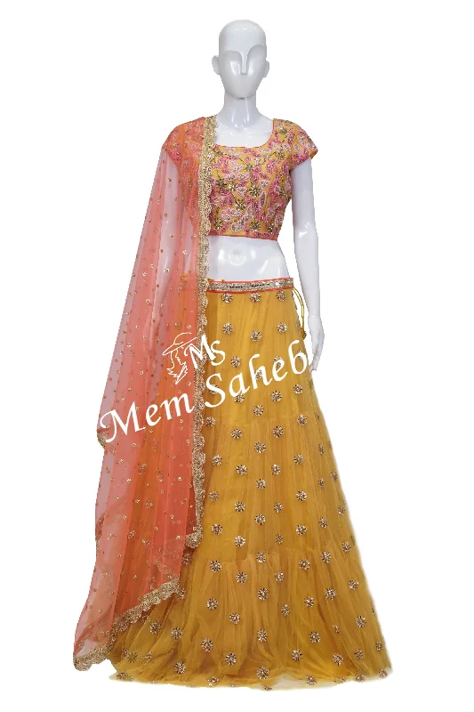 Bridal Wear Ghagra Choli Mustard Colour Silk Blouse Net Skirt and Dupatta High Neck Blouse