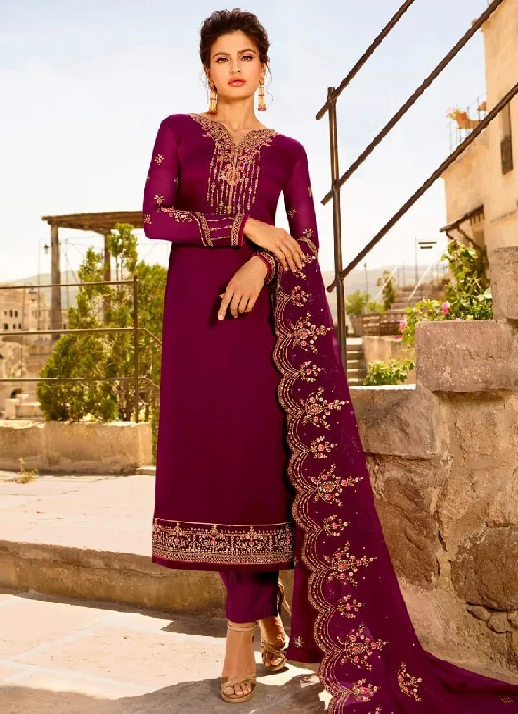 Purple Satin Georgette Straight Pant Cozy Jogger Leggings