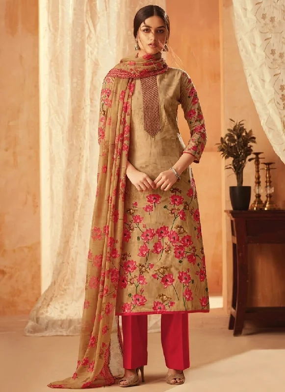 Beige Pure Cambric Cotton Pant Dress Elegant High-Waist Pants