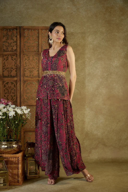 Pink Printed Top, Pleated Dhoti Pants And Belt Set Cozy Maternity Pants