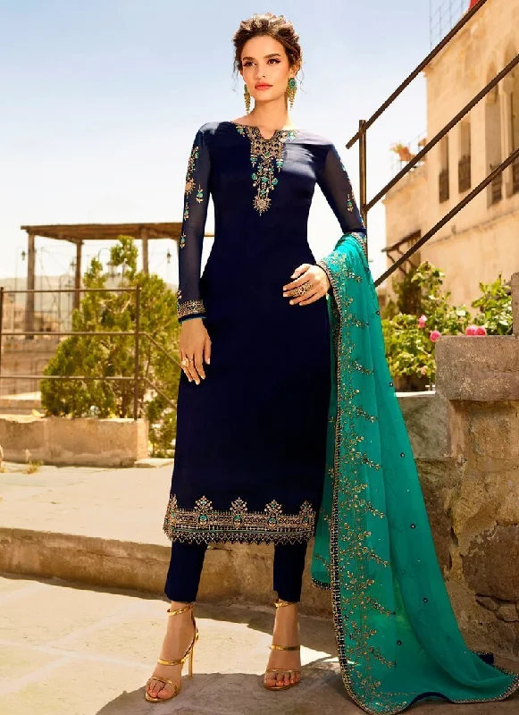 Navy Blue Satin Georgette Straight Pant Fashionable Track Pants