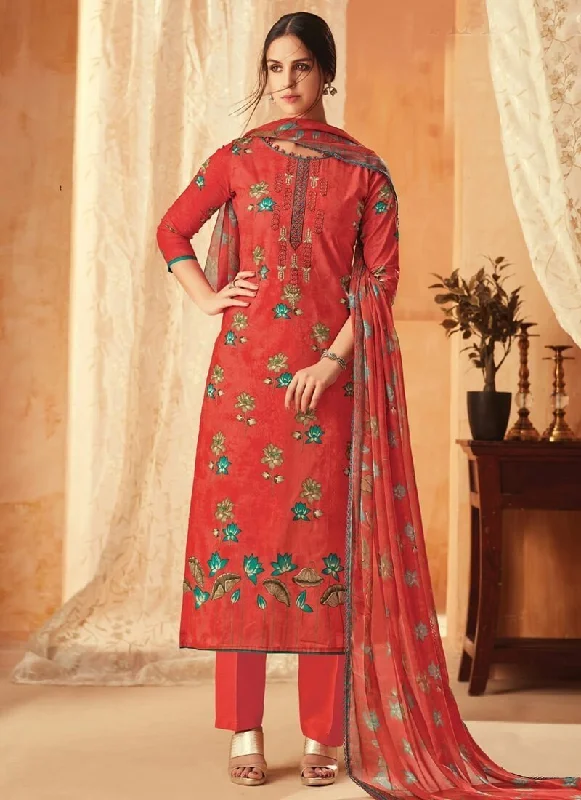 Red Pure Cambric Cotton Pant Dress Comfortable Jogging Pants
