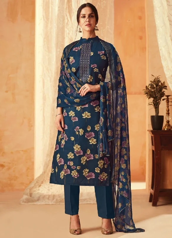 Navy Blue Pure Cambric Cotton Pant Dress Cozy Fitted Pants