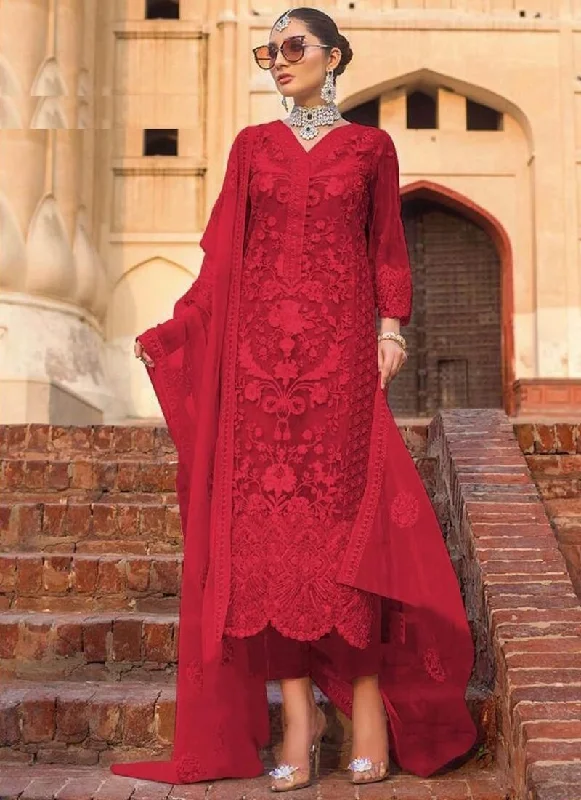 Blood Red Net With Heavy Embroidery Work Salwar Kameez Pant Elegant Dress Pants