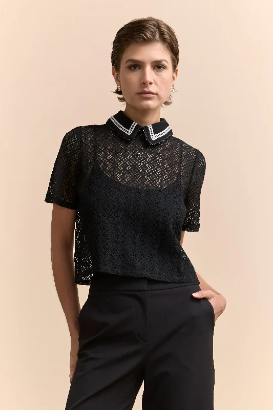 Lace blouse with embellished collar Satin Long Blouse