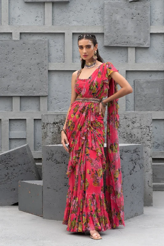 Raspberry Printed Saree With Blouse Wrap Front Blouse