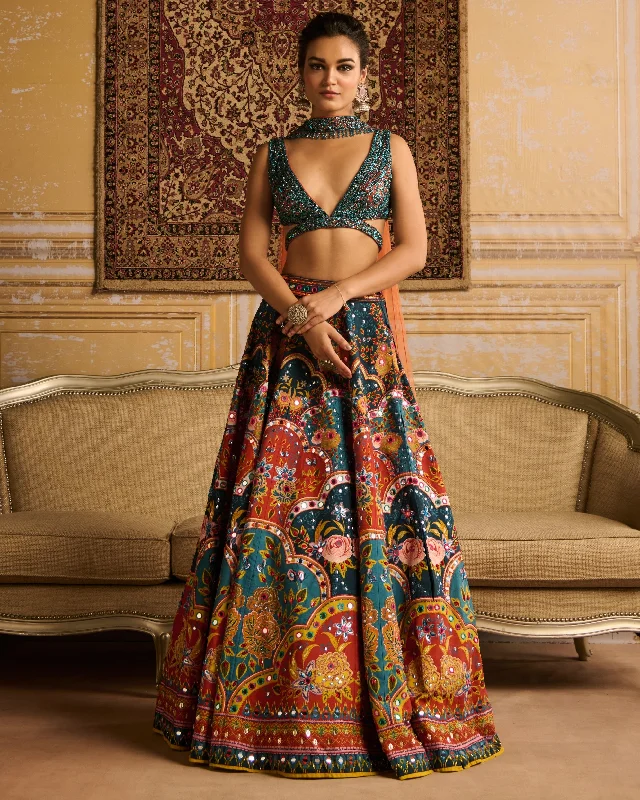 Teal Embroidered Blouse And Lehenga Set Peter Pan Blouse