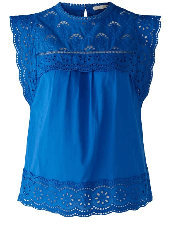 Oui Azur Blue Broderie Anglaise Blouse 78595 5428 Subtle Shimmer Blouse