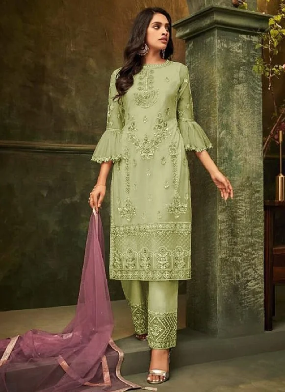 Light Green Butterfly Net Suit Pant Trendy Printed Pants