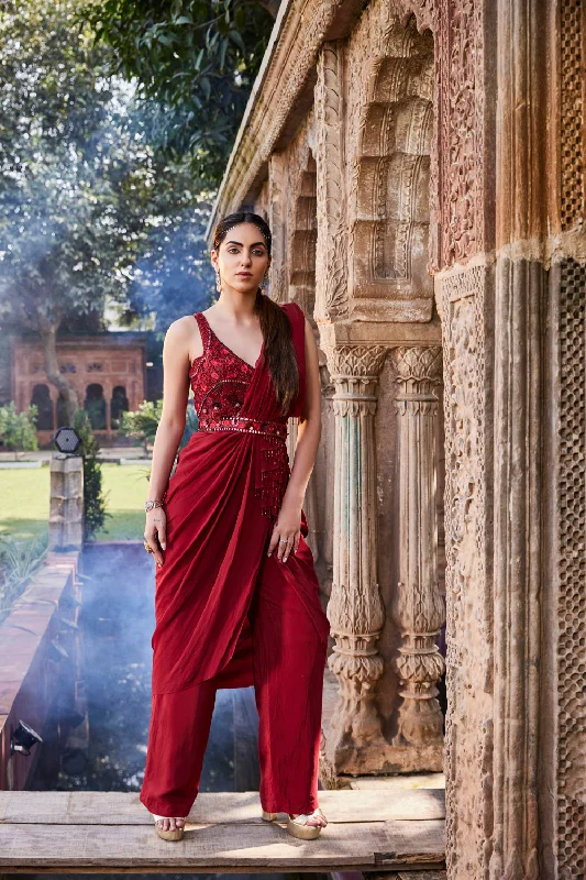 Red Pant Sari With Belt Cozy Full-Length Pants