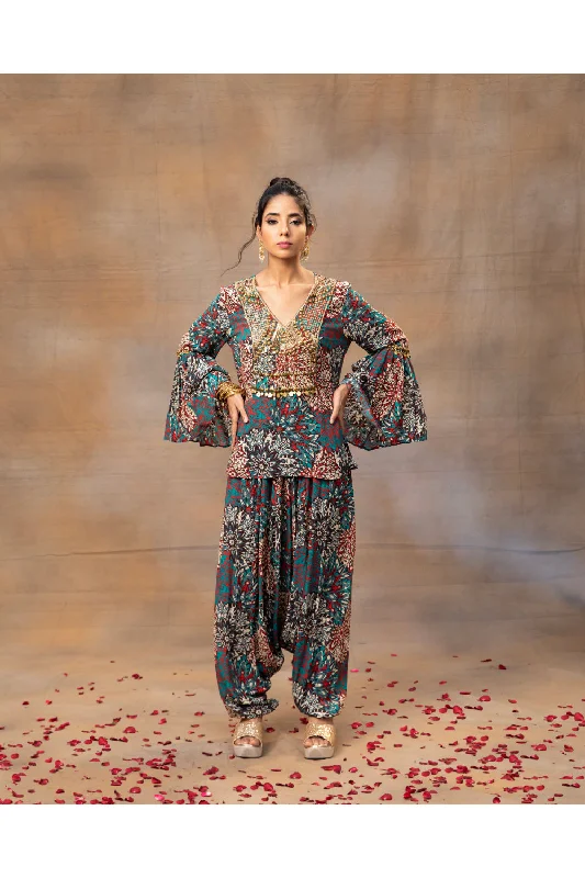 Green Printed Embroidered Short Top With Low Crotch Dhoti Pants Set Comfortable Denim Trousers