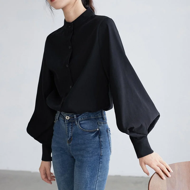 Big Lantern Sleeve Blouse Women   Single Breasted Stand Collar Shirts Office Work Blouse Vintage Blouse Shirts Satin Long Blouse