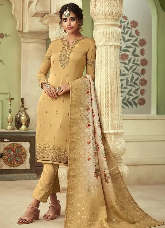 Beige Pant style Suit Satin Georgette Comfortable Jogger Trousers
