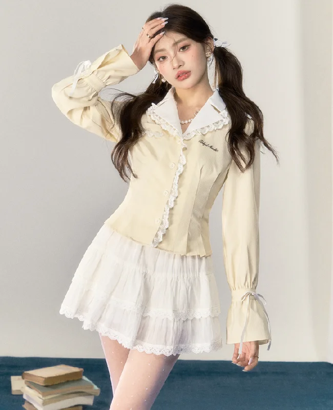 Lace collar sharp waist silhouette blouse QDQ0031 Frilled Cuff Blouse