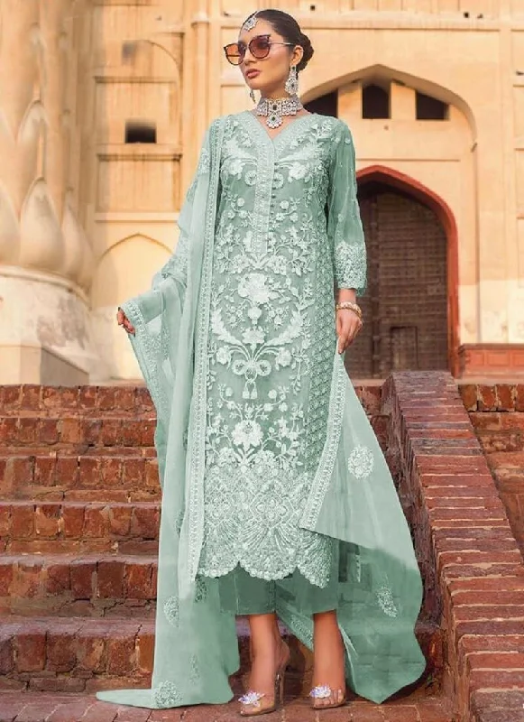 Sea Green Heavy Net Pant Dress Comfy Zip-Up Pants