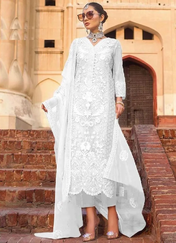 White Net With Heavy Embroidery Work Salwar Kameez Pant Trendy Wide-Leg Pants