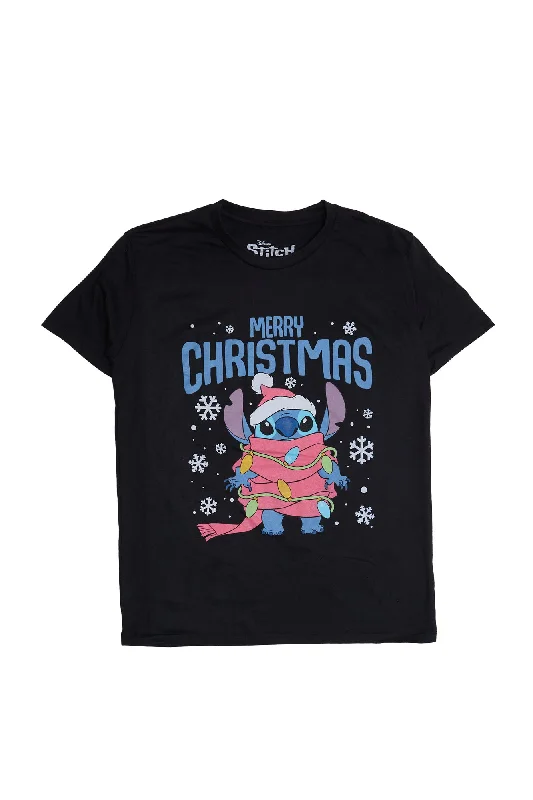 Stitch Merry Christmas Graphic Relaxed Tee Basic T-Shirt Crew Neck Short Sleeve